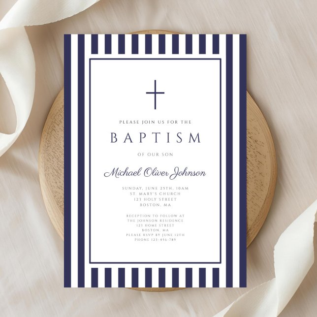 Elegant marinblå kors pojke dop inbjudningar (Elegant Navy Blue Cross Boy Baptism Invitation)
