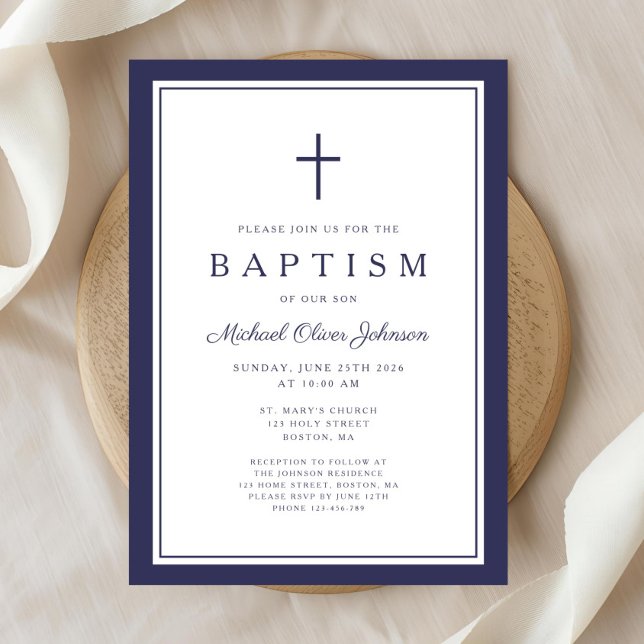 Elegant marinblå kors pojke dop inbjudningar (Elegant Navy Blue Cross Boy Baptism Invitation)