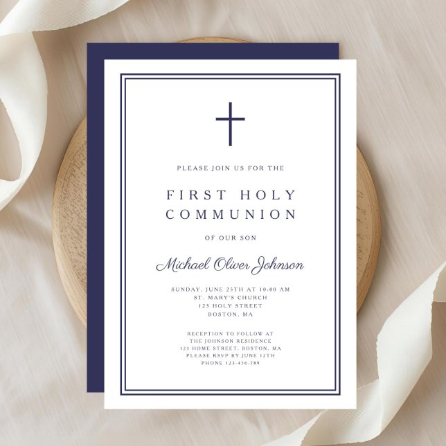 Elegant marinblå kors pojke första nattvarden inbjudningar (Elegant Navy Blue Cross Boy First Holy Communion Invitation)