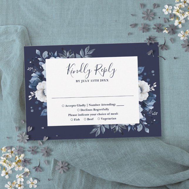 Elegant marinblå landträdgårdsblomma bröllop OSA kort (Navy Blue Elegant Country Garden Floral Wedding RSVP Card)