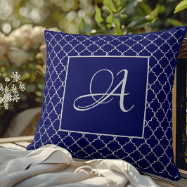 Elegant marinblå marockansk damaskmonogram kudde
