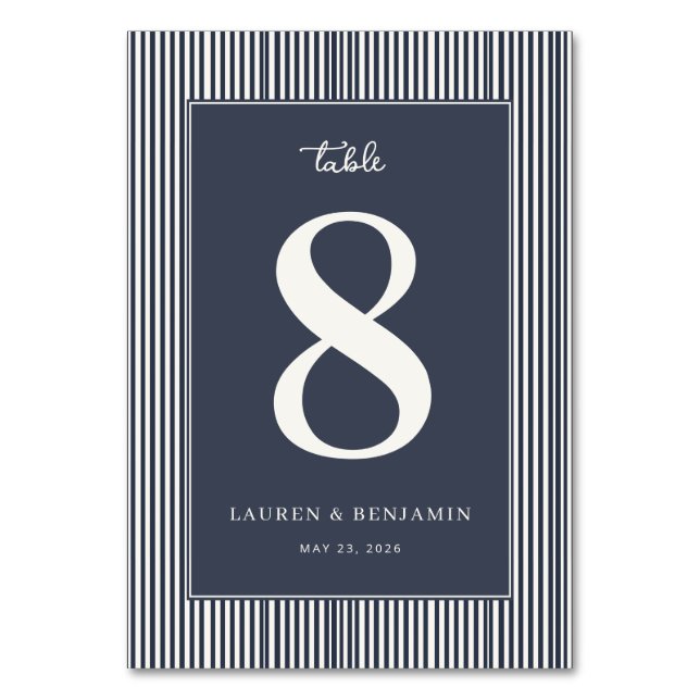 Elegant marinblå minimalistisk bröllopsbordsplatsh bordsnummer (Framsidan)
