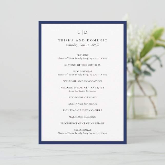 Elegant marinblå monogram modern bröllop program (Stående Fram)