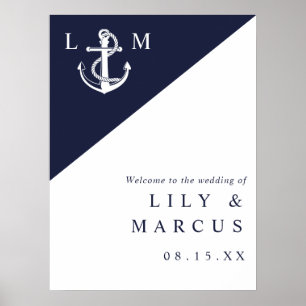 Elegant marinblå nautisk välkomstskylt för bröllop poster