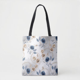 Elegant marinblå och beige blomstermåleri i akvare tygkasse