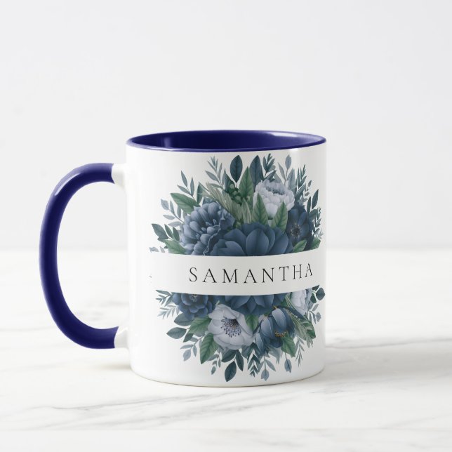  Elegant marinblå och dammig blå flora brudtärna-g Mugg (Vänster)