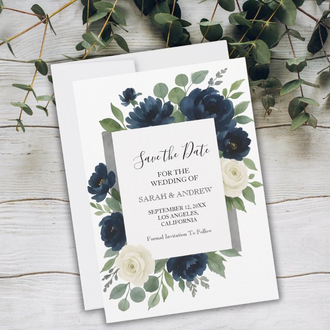 Elegant marinblå och elfenbensfärgade blommig bröl spara datumet (Elegant Navy Blue & Ivory Floral Wedding Save The Date)