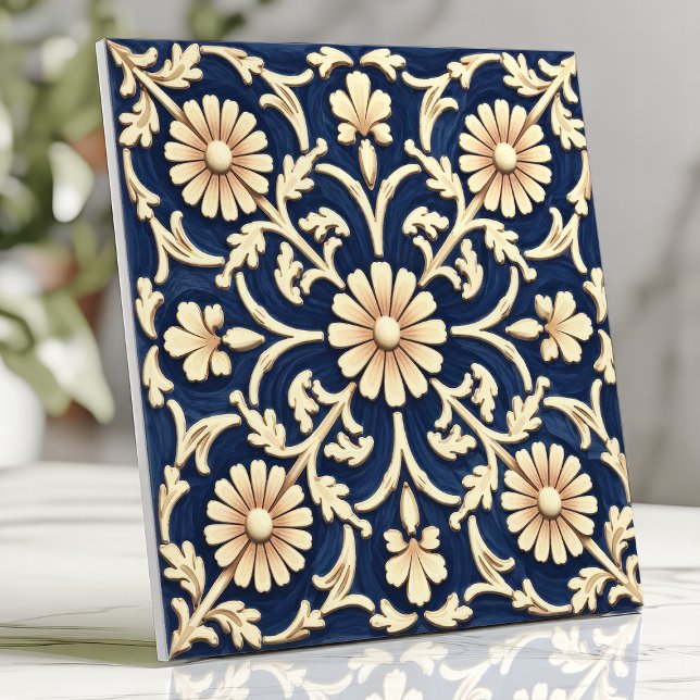 Elegant marinblå och elfenbensvitt tusenskönor kakelplatta (Skapare uppladdad)
