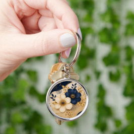 Elegant marinblå och gul botanisk blommönster rund silverfärgad nyckelring