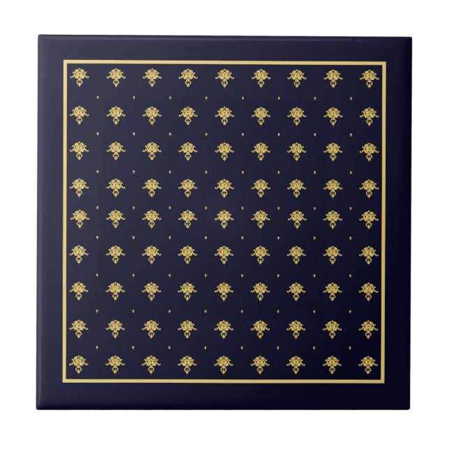 Elegant marinblå och guld- damast kakelplatta (Framsidan)
