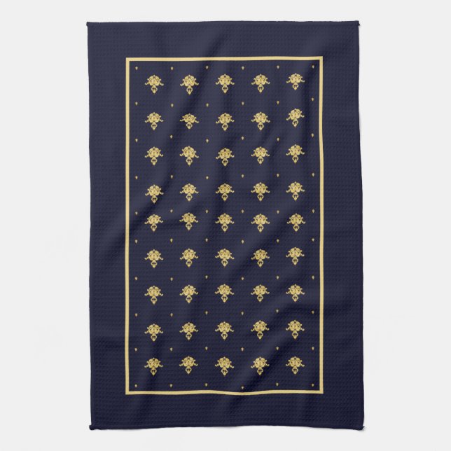Elegant marinblå och guld- damast kökshandduk (Vertikal)