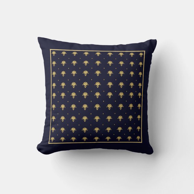 Elegant marinblå och guld- damast kvadrerar kudde (Framsida)