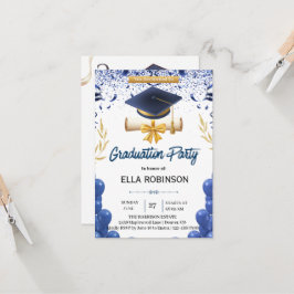 Elegant marinblå och guld examensfest inbjudningar