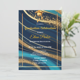 Elegant marinblå och guld fotofexamensinbjudan inbjudningar