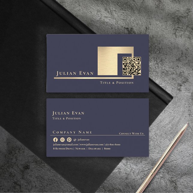Elegant marinblå och guld glänsande skannbar QR-ko Visitkort (Elegant Navy Blue and Gold Shiny Scannable QR code Business Card )