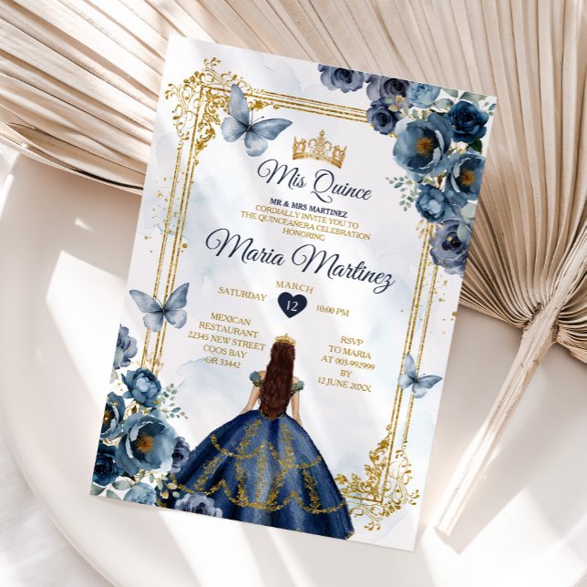 Elegant marinblå och guld prinsessa Quiñceanera Inbjudningar (Skapare uppladdad)