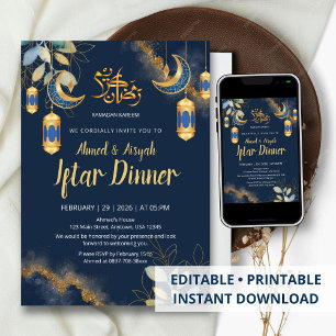 Elegant marinblå och guld vattenfärg Iftar Inbjudningar