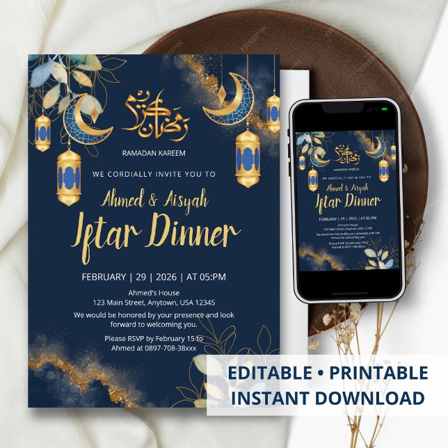 Elegant marinblå och guld vattenfärg Iftar Inbjudningar (Skapare uppladdad)