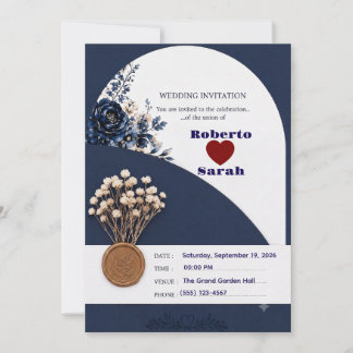 Elegant marinblå och guldblommig bröllopsinbjudan inbjudningar