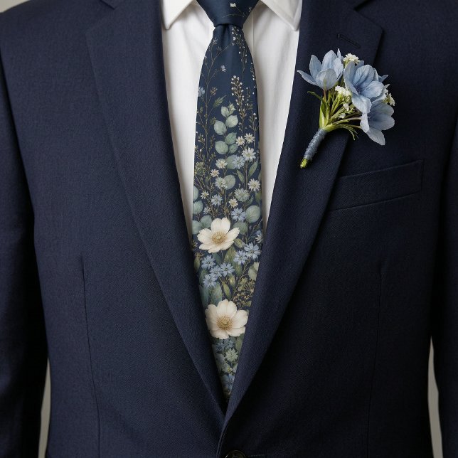 Elegant marinblå och guldblommig vildblomsmans  slips (Elegant Navy Blue & Gold Floral Wildflower Men's Neck Tie)