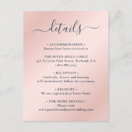 Elegant marinblå och rosafärgad bröllopsdetalj tilläggskort