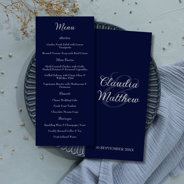 Elegant marinblå och silver skrivstil bröllopsmeny meny (Elegant Navy Blue & Silver Script Wedding Menu)