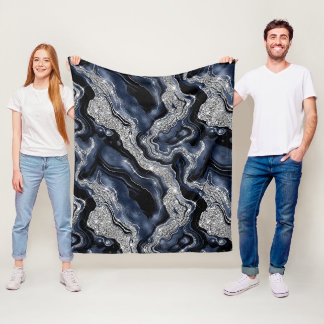 Elegant marinblå och silverglitter agat mönster fleecefilt (På plats)