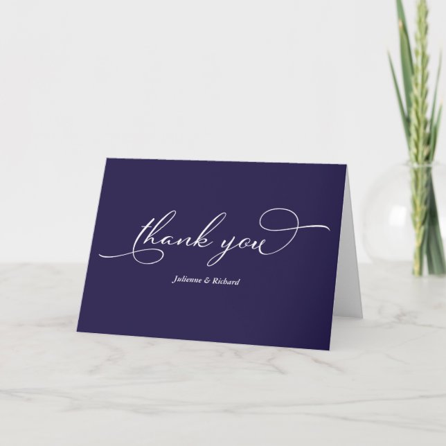 Elegant marinblå och vit script tack kort (Framsida)