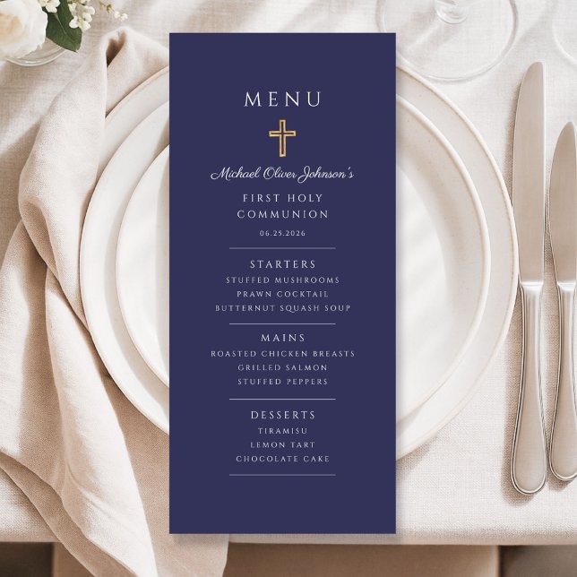 Elegant marinblå pojke första nattvarden meny (Elegant Navy Blue Boy First Communion Menu)