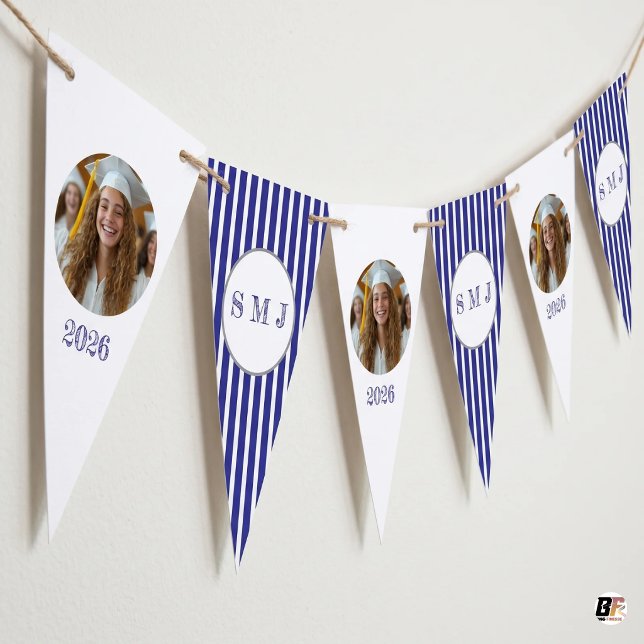 Elegant marinblå randig monogram & anpassad bild vimplar (#graduation)