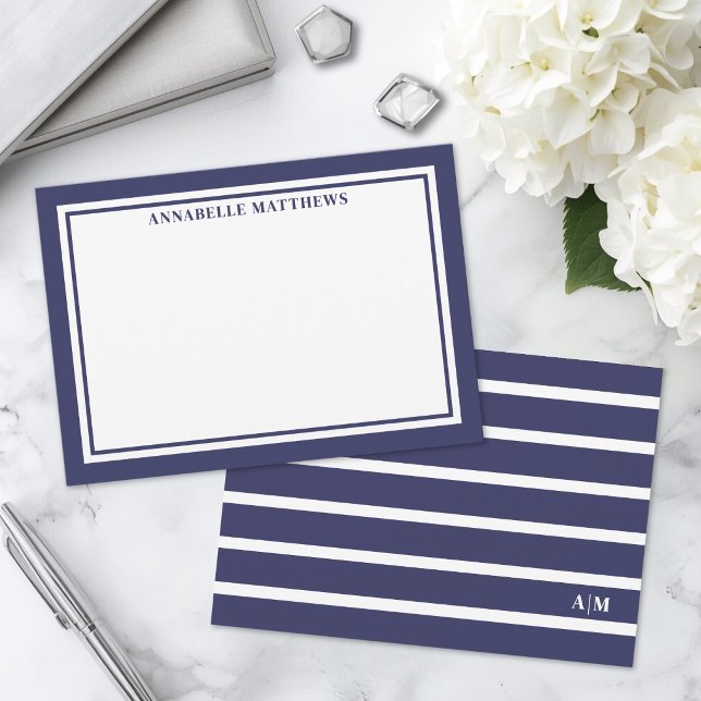 Elegant marinblå randig monogram anteckningskort (Elegant Navy Blue Striped Monogram Note Card )