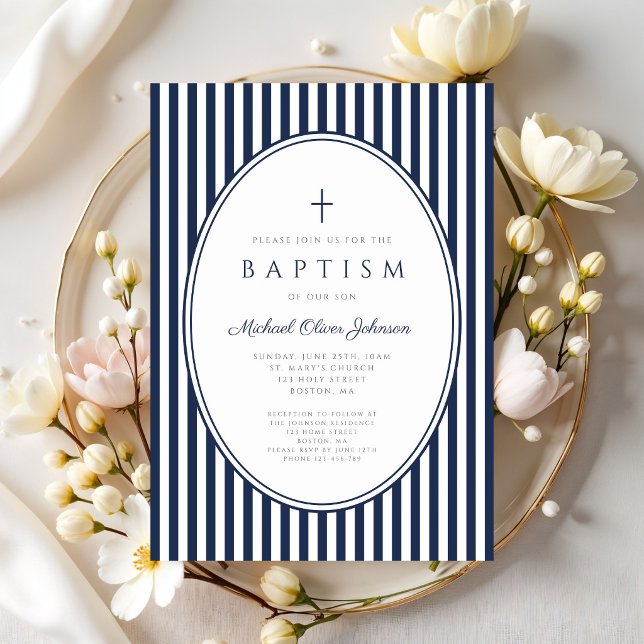 Elegant marinblå randig pojke dop inbjudan (Elegant Navy Blue Striped Boy Baptism Invitation)