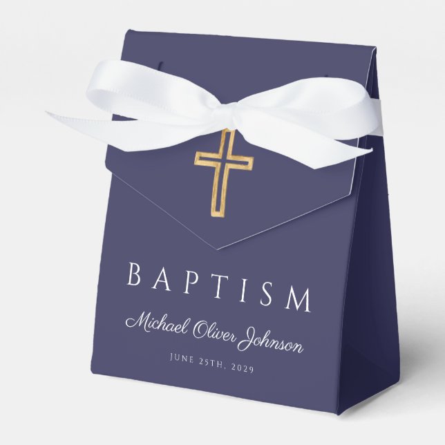 Elegant marinblå religiös kors pojke dop  presentaskar (Framsidan Sidan)