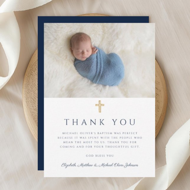 Elegant marinblå religiös korsfoto tack kort (Elegant Navy Blue Religious Boy Photo Thank You Card)
