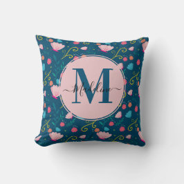 Elegant marinblå rosa fjäril blomma monogram kudde