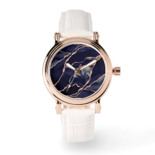 Elegant marinblå rosa guld folie agat armbandsur