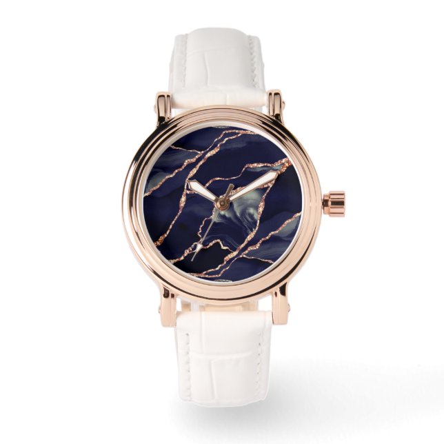 Elegant marinblå rosa guld folie agat armbandsur (Framsida)