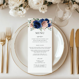 Elegant marinblå roséguld blommig bröllopsmeny program