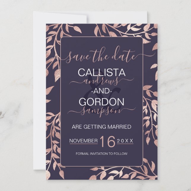 Elegant Marinblå Roséguld Blommiga blad Bröllop Spara Datumet (Framsida)