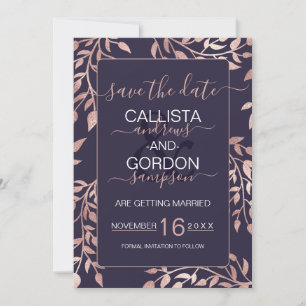 Elegant Marinblå Roséguld Blommiga blad Bröllop Spara Datumet