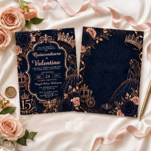 Elegant marinblå roséguld glitter Quinceañera Inbjudningar