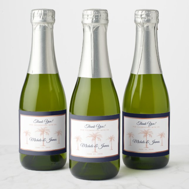 Elegant marinblå roséguld palmträd bröllop (Flaskor)