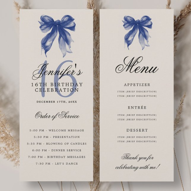 Elegant marinblå rosett 16-års födelsedagsprogram  inbjudningar (Elegant Navy Blue Bow 16th Birthday Program Menu)