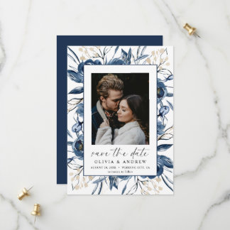 Elegant marinblå script foto floral bröllop spara datumet