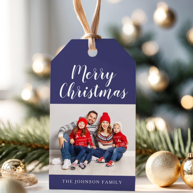 Elegant marinblå script jul foto  presentetikett (Elegant Navy Blue Script Christmas Photo Gift Tags)
