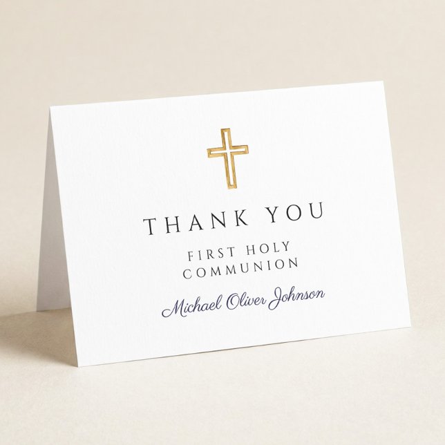 Elegant marinblå script pojke första kommunion  tack kort (Elegant Navy Blue Script Boy First Communion Thank You Card)