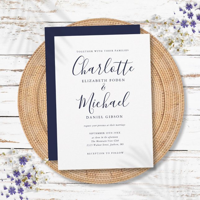 Elegant marinblå signatur skript bröllop inbjudningar (Elegant Navy Blue Signature Script Wedding Invitation)