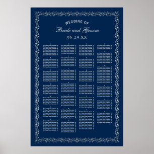 Elegant marinblå silver alfabetisk bröllopsplaceri poster