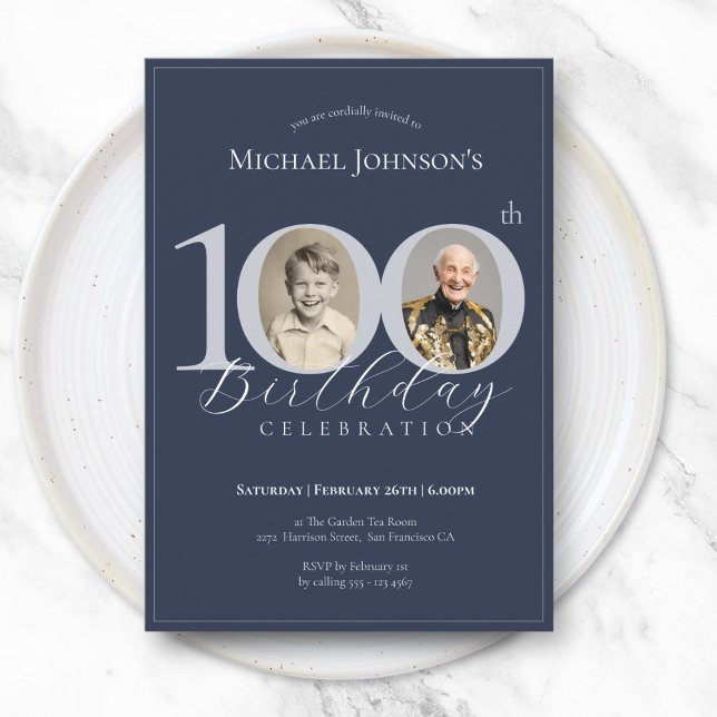 Elegant marinblå silver foto 100-årsdag inbjudningar (Classy Navy Blue Silver Photo 100th Birthday Invitation)