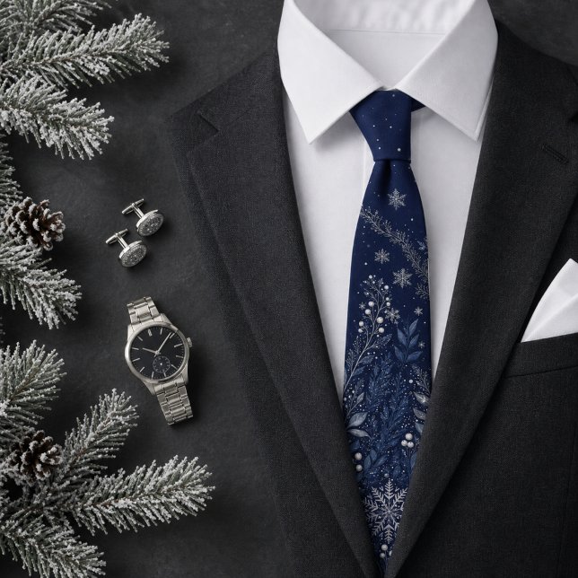 Elegant marinblå silver snöflinga vinterfirande slips (Elegant Navy Blue Silver Snowflake Winter Holiday Neck Tie)
